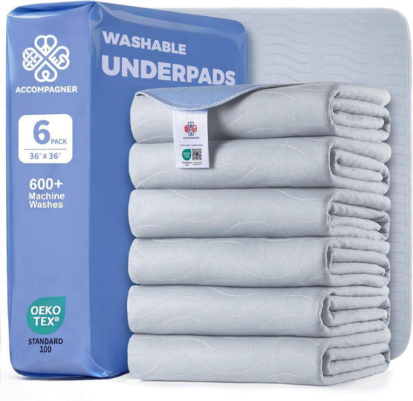 Accompagner Incontinence Bed Pads Washable Waterproof, Ultra-Absorbent Reusable Underpads for Diaper Changing, Nursing, Bedridden, Adults, Seniors, Kids and Dogs (Blue, 24"X24"(Pack of 6))22