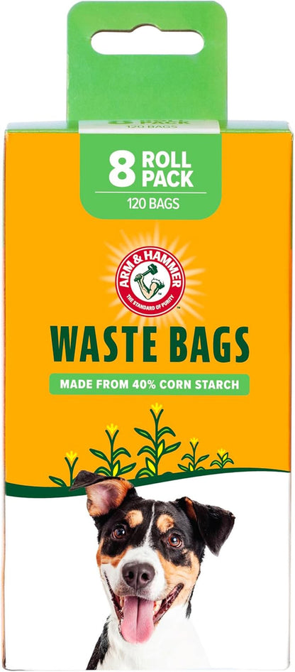Arm & Hammer Dog Poop Leakproof Plant Based 120 Count Waste Bags, Unscented, Made from 40% Corn Starch with Activated Baking Soda, Pack of 8, Green1