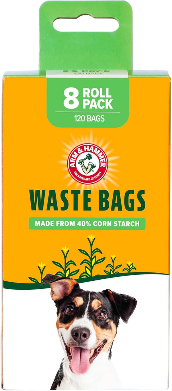 Arm & Hammer Dog Poop Leakproof Plant Based 120 Count Waste Bags, Unscented, Made from 40% Corn Starch with Activated Baking Soda, Pack of 8, Green1