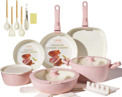 23Pcs Ceramic Cookware Set Non Stick Pots and Pans Set Non Toxic with Detachable Handle Induction Kitchen Cookware Set Space Saving, Oven & Dishwasher Safe, Light Pink1