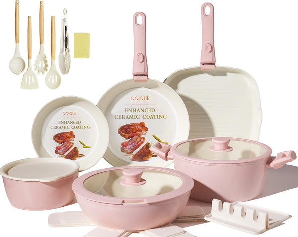 23Pcs Ceramic Cookware Set Non Stick Pots and Pans Set Non Toxic with Detachable Handle Induction Kitchen Cookware Set Space Saving, Oven & Dishwasher Safe, Light Pink1