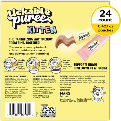 Temptations Lickable Puree Kitten Cat Treats, Chicken & Salmon, 24 Count | Chicken & Salmon, DHA Supports Brain Development, High Moisture for Hydration, under 15 Cal/Pouch, No Added Sugar or Fillers2