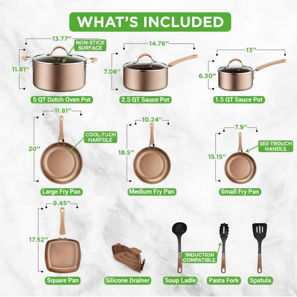 14-Piece Non Stick Kitchen Cookware Set W/Saucepan, Frying Pans, Cooking Pots, Dutch Oven Pot, Lids, Utensil, Gold3