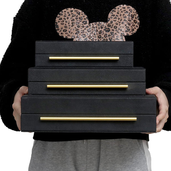 Faux Shagreen Decorative Stackable Jewelry Storage Boxes Set of 3,Black | Jewelry Organizers with Gold Metal Handles & Velvet Lining, Modern Black Box for Vanity, Entryway & Coffee Table Décor9