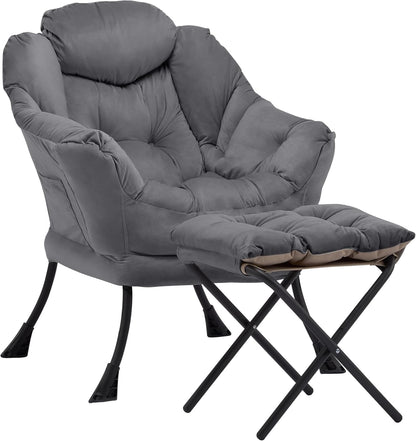 Lazy Chair with Ottoman, Comfy Reading Chair, Darkgrey | Cushioned Seat with Foldable Ottoman and Side Pocket, Lounge Chair for Bedroom, Living Room, Dorm and Small Spaces1