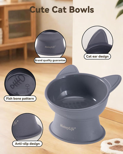 Mateeylife 2 Pack Elevated Cat Food Bowls for Indoor Cats & Kittens | Raised Food and Water Bowl Set, Whisker Friendly & anti Vomit Feeding Pet Bowls, 6 Oz Each, Dishwasher Safe - White & Grey5