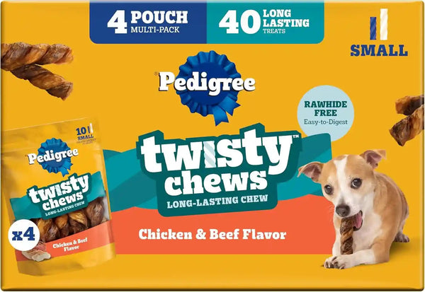 Pedigree Twisty Chews Small Dog Treats, Chicken & Beef, 40 Count | Long-Lasting Dental Chews, Rawhide-Free, Twisted Design, Helps Clean Teeth, Easy to Digest, Includes 4 Packs of 10 Treats1