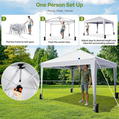 10X10 Pop up Canopy Tent with Sidewalls, Instant Setup,White | One-Push Frame, 4 Removable Sidewalls, Carry Bag Included for Parties, Camping, Beach, Backyard & Outdoor Events2