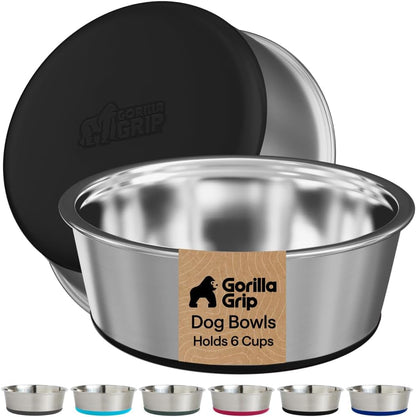 GORILLA GRIP Dog Bowls, Food Grade 304 Stainless Steel, Holds 2 US Cups Each (16 Fl Oz) Food and Water Bowl for Feeding Dogs and Cats, Dishwasher Safe, Rust Resistant BPA Free Rubber Base, 2 Set Black33