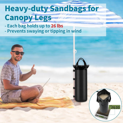 4 Pack Sand Bags 6X20 Inch Heavy Duty for Canopy Tent Weights | Holds 26 Lbs Each, 800D Oxford Cloth with Waterproof Coating and Hook and Loop Straps5