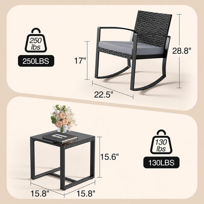 3 Pieces Patio Furniture Set Rocking Bistro Set Outdoor Rattan Conversation with Coffee Table for Garden Balcony Backyard Poolside (Grey Cushion)2
