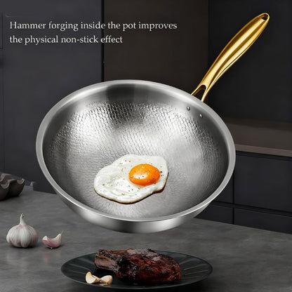 Titanium Hammered Wok, No Coating Non Stick Titanium Cookware, Durable Scratch-Resistant Titanium Frying Pans, Even Heating for Cooking with All Cooktops, Dishwasher Safe,No Lid,10.23In3