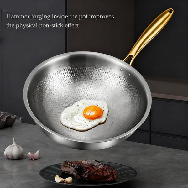 Titanium Hammered Wok, No Coating Non Stick Titanium Cookware, Durable Scratch-Resistant Titanium Frying Pans, Even Heating for Cooking with All Cooktops, Dishwasher Safe,No Lid,10.23In3