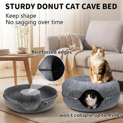 Cat Tunnel Bed for Heavy Big Cats up to 45 Lbs - 24" Donut Cat Bed for Multi-Cat Home - Premium Detachable Zipper Felt Anti-Scratch Cat Cave Bed - Roomy Non-Collapsing Cat Hideaway & Peekaboo Toy3