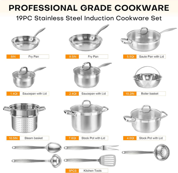 Stainless Steel Pots and Pans Set, 19PC Induction Cookware Set | Family Kitchens, Impact Bonded Base, Even Heat for Boiling, Frying and Sauteing2