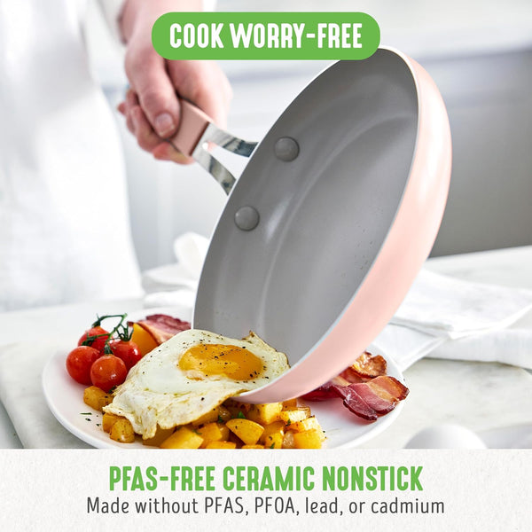 10-Piece Nonstick Ceramic Cookware Set, Lightweight Healthy Pfas-Free Pots & Pans with Lids, Dishwasher & Oven Safe, Durable Body, Silicone Stay-Cool Handles, Easy Release, Pink2