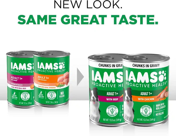 IAMS Proactive Health Pack Wet Dog Food, Beef & Chicken, 13 Oz, 12 Pack | Chunks in Gravy, Omega 6 Fatty Acids, Supports Healthy Skin, Muscles & Digestion, 13 Oz. Cans, No Artificial Flavors3