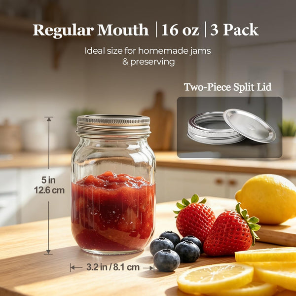 Regular Mouth Mason Jars 16 Oz with Lids, 3 Pack Canning Jars | Airtight Safety-Button Lids, Food Grade Pint Size Jars, Freezer Safe Glass, Incl. 4 Chalkboard Labels, Bpa-Free Material2