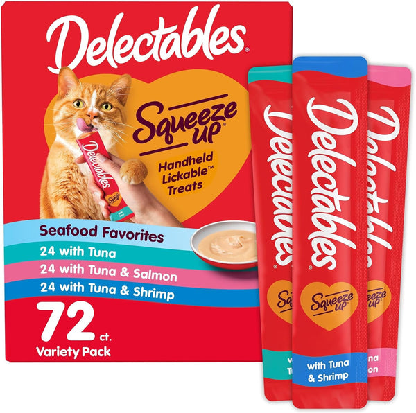 Delectables Squeeze up Seafood Variety Pack, Creamy Squeezable Puree, Lickable Wet Cat Treats, Grain Free, No Added Fillers, No By-Products, No Added Preservatives, 0.5 Ounces Tube, 54 Tubes Total12