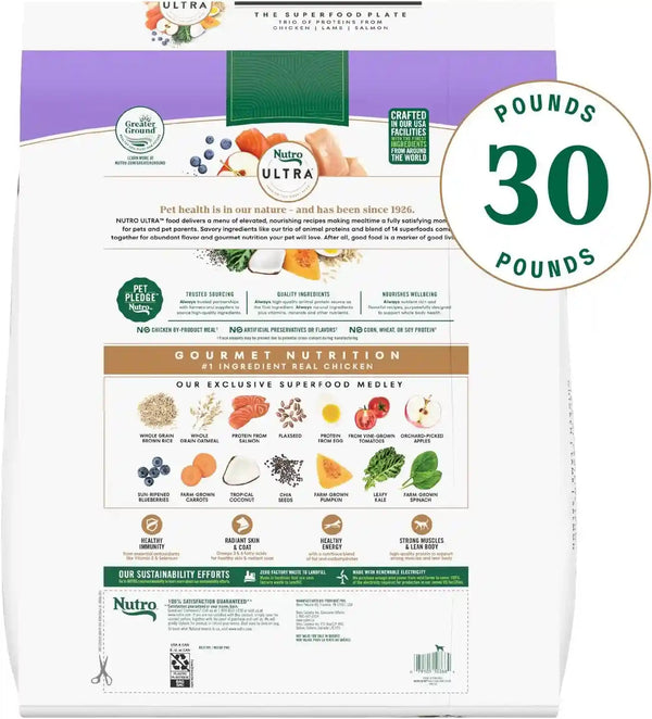 Nutro Ultra Dry Dog Food, Chicken, Lamb & Salmon Recipe, 30 Lb | Trio of Proteins, Blend of 14 Superfoods, Omega 3 & 6 for Radiant Coat, Antioxidants for Immunity, Natural Fiber, Non-Gmo2