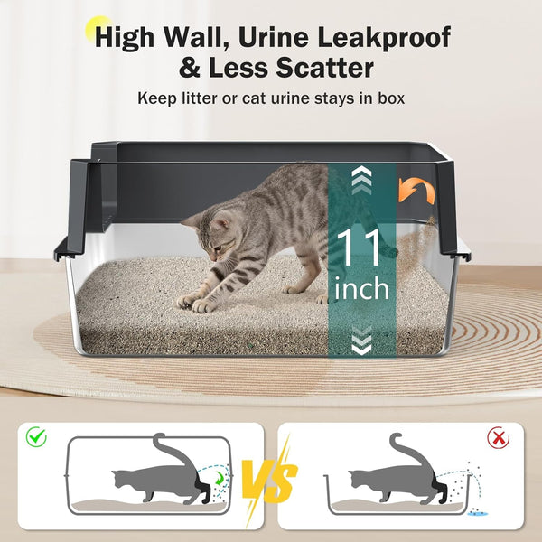 Stainless Steel Litter Box, Extra Large Litter Boxes for Big Cats, Xlarge Metal Cat Litter Box with Lid, Anti-Urine Leakage XL Box with High Sides, Easy Clean, Non-Sticky, Scoop Included2