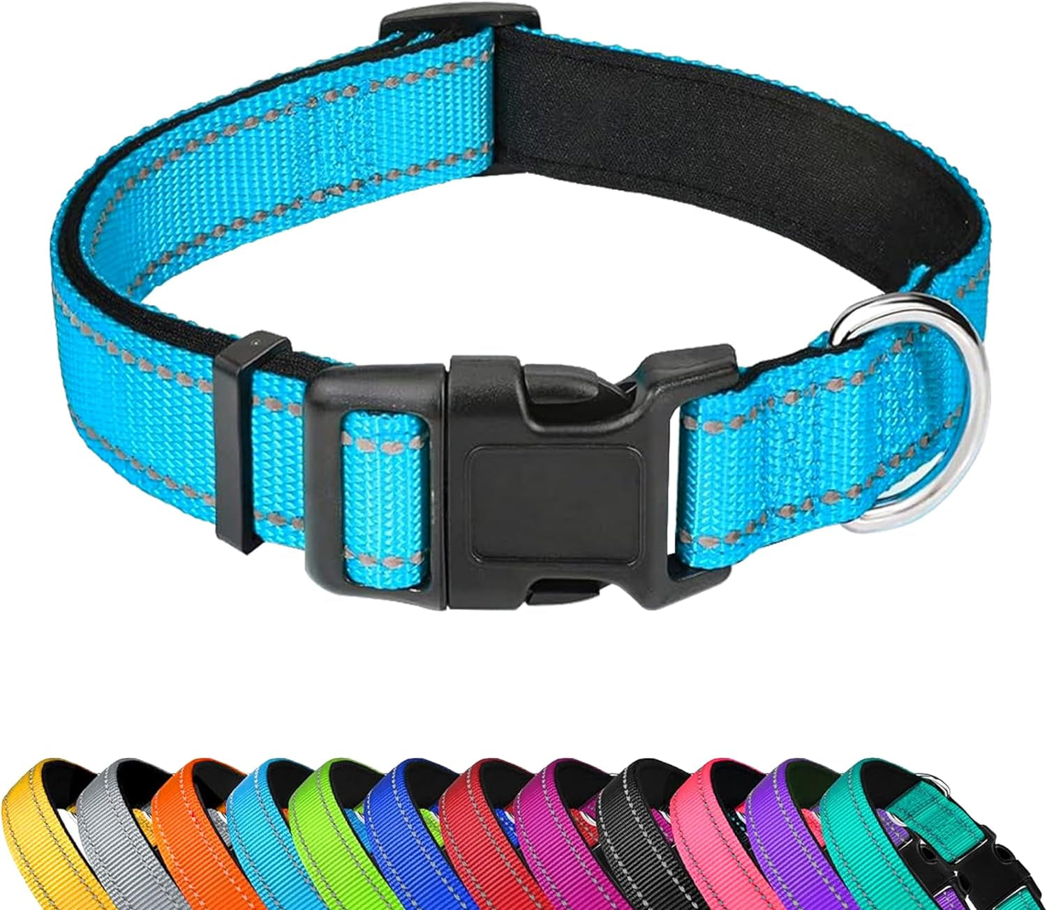 reflective-dog-collar-adjustable-soft-neoprene-padded-teal-m-breathable-nylon-for-medium-dogs-tear-resistant-webbing-chafe-free-on-walks-and-hikes-metal-d-ring-night-safety