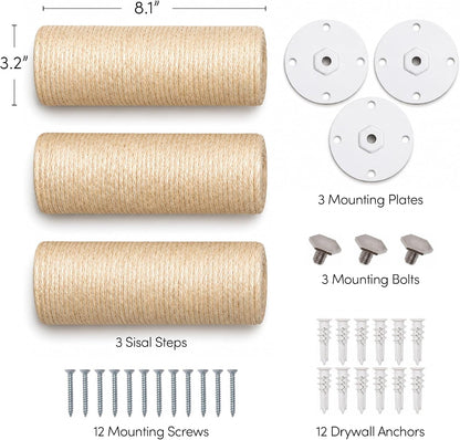 Xympo Wall-Mounted Cat Climbing Steps, Floating Sisal Scratching Posts, 8 Inch, 3 Pack, Easy Drywall Install8