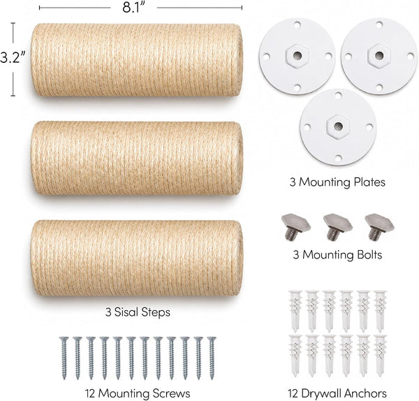 Xympo Wall-Mounted Cat Climbing Steps, Floating Sisal Scratching Posts, 8 Inch, 3 Pack, Easy Drywall Install8