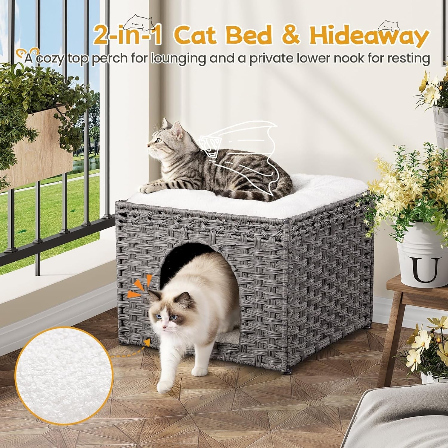 snughome-handwoven-rattan-cat-house-indoor-foldable-cat-bed-cave-with-2-removable-bed-mats-large-kitten-house-hideaway-pet-cube-16-54-x-16-54-x-12-6-inches-grey-for-living-room-bedroom
