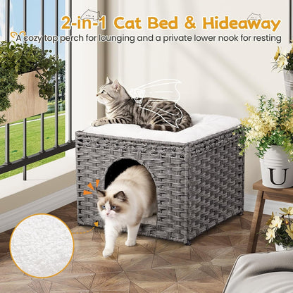 Snughome Handwoven Rattan Cat House - Indoor Foldable Cat Bed Cave with 2 Removable Bed Mats, Large Kitten House, Hideaway Pet Cube, 16.54 X 16.54 X 12.6 Inches, Grey, for Living Room & Bedroom3