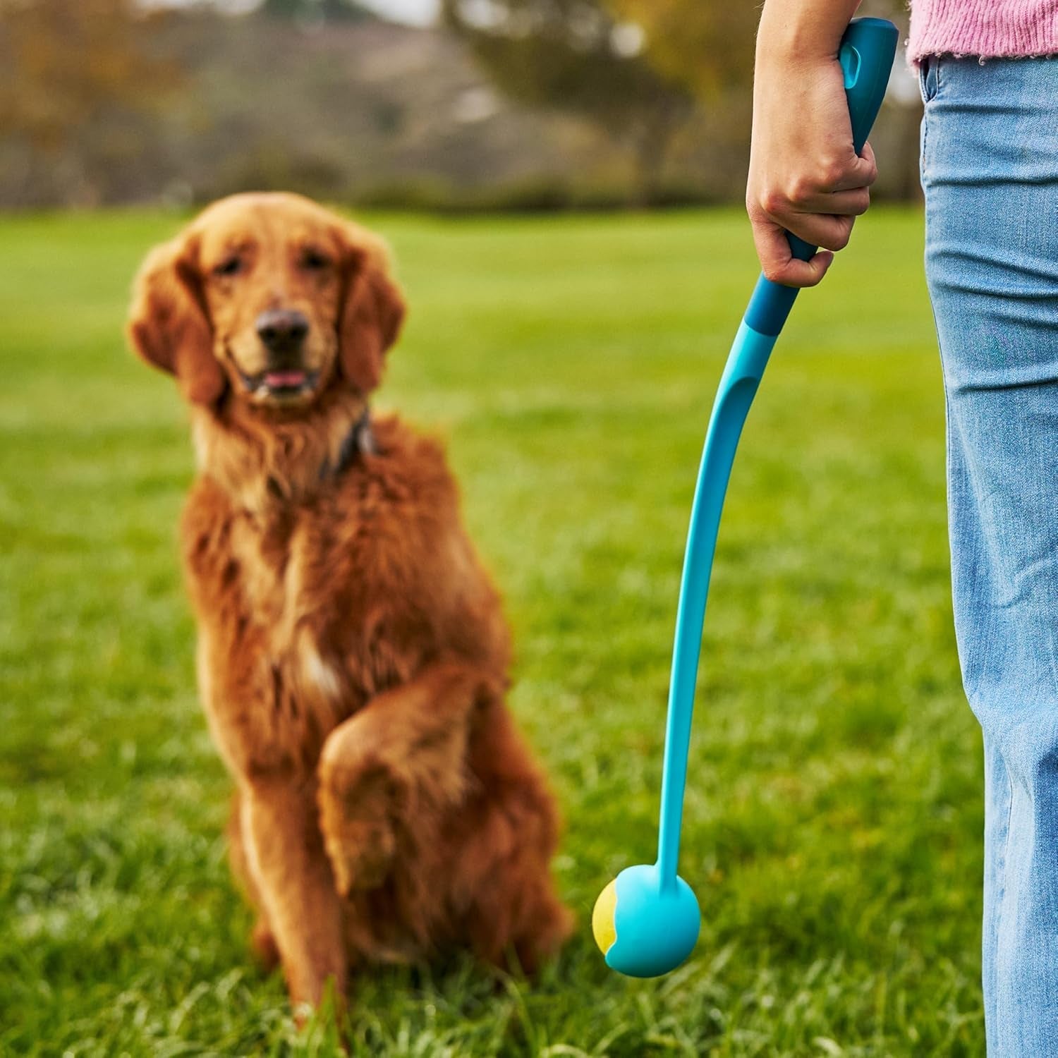 gosports-pets-24-inch-dog-ball-launcher-ergonomic-tennis-ball-thrower-for-dogs-20-lbs-includes-tosser-and-2-2-5-inch-balls-for-fetch