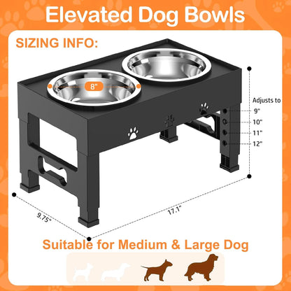 Elevated Dog Bowls with 2 Stainless Steel Bowls, 5-Height Adjustable Stand (3.1", 9" to 12"), for Improved Digestion & Neck Support, Easy Clean, Non-Slip Base Raised Feeder for Medium Large Dogs5