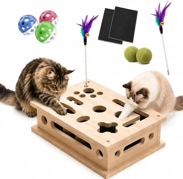 2026 New Cat Scratch Puzzle Enrichment Box, Interactive Cat Nail File Box with Catnip & Bell Ball, Cat Scratcher Toy with Teaser Wand, Stress-Free Alternative to Clippers & Grinders1