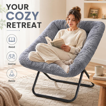 Oversized Square Moon Chair for Adults, Soft Faux Fur Folding Lounge Chair with Sturdy Steel Frame, Comfortable Reading Gaming Chair for Living Room, Bedroom, Grey10