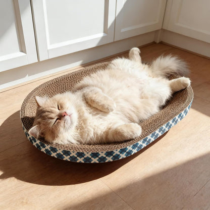 Cat Scratcher Bed with Toys, 4 Pack Oval Cat Scratcher Cardboard, Indoor Cat Scratch Bowl, Large Pad Cat Scratching Board with Catnip Fish Toy & Feather Wand for Furniture Protector L(17.5"X12.6"X3")9