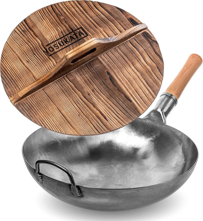 Silver round Bottom Wok 14 In– Stir Fry Pans for Cooking + Premium Wok Cover 14 Inch Pan Lid1