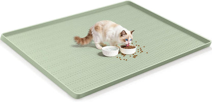 47" X 35" Silicone Cat Food Mat, Waterproof Pet Feeding Mat with Raised Edge, Extra Large Cat Bowl Mat Water Bowl Placemats for Cats, Non-Slip, Protects Floors, Easy to Clean (Light Green)1