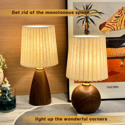 Small Pleated Table Lamp for Bedroom, Bedside Lamps for Nightstand, Dimmable Desk Lamp Ceramic Wood Grain Base round Flaxen Fabric Shade for Living Room, Kids Room,Led Bulb Included(Art Deco)6