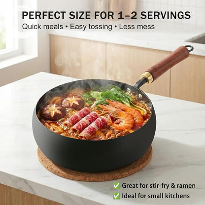 Carbon Steel Wok Pan Flat Bottom Iron Stir Fry Pan Induction Cookware 9.5 Inch Uncoated Small Traditional Skillet with Lid4