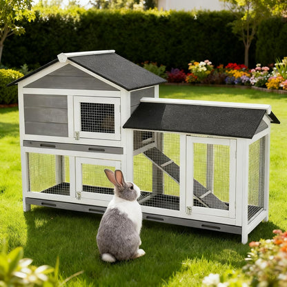 Garvee 58'' Bunny Hutch Indoor Bunny Cage, with 3 Removable Trays | Wooden Waterproof Roof Rabbit Hutch Indoor/Outdoor, 2-Tier Bunny House/Chicken Coop, Gray and Black1