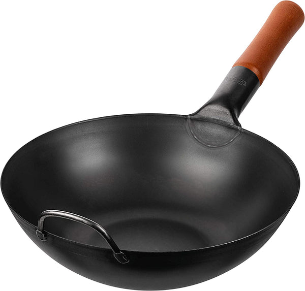 Carbon Steel 11.8" Stir Fry Wok Pan - Pre-Seasoned Chinese Wok with Flat Bottom + Wok Lid 11.4 in - Premium Stainless Wok Cover with Tempered Glass Insert + 17" Wok Spatula and Ladle4