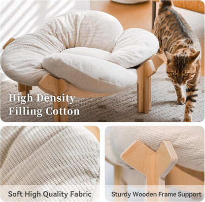 PACHIRA Elevated Cat Bed Wooden, Cat Couch Fluffy, Cat Sofa Flower for Indoor Cats, Raised Cat Bed with Washable Fluffy Cushion and Birch Wood, Cat Chair for Kitty and Puppy, Cat Furniture (White)4