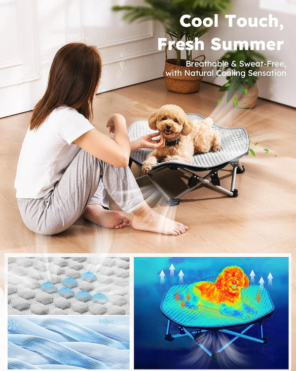 Pecute Raised Dog Bed with Cooling Mat, Elevated Pet Cot for Small Dogs, M | Breathable Textilene Mesh, Outdoor Camping & Beach, Steel Frame,130 Lbs Heavy Duty Support, Tool-Free 3-Second Quick Assembly6