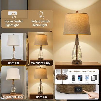 2 in 1 Bedside Table Lamps Set of 2, Farmhouse Glass Lamp, Wood-Like | Bedroom Lamps for Nightstands, Top Light & Night Light, Built-In USB with Bulb, Boho Rattan Design for Nursery, Hallway2