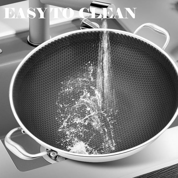 Tri-Ply Stainless Steel Wok Pan with Lid and Steamer Basket,Hybrid Woks & Stir-Fry Pans Nonstick with Double Handles,Induction Large Saute Pan Deep Frying Pan,17.3Inch Wok with Steamer6