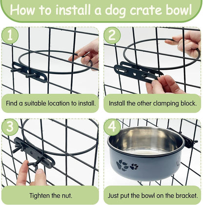 Kathson 2 Pcs Dog Kennel Crate Feeder, Stainless Steel No Spill, Hanging Metal Pet Food Bowl for Cats Small Medium Dogs (Gray)6