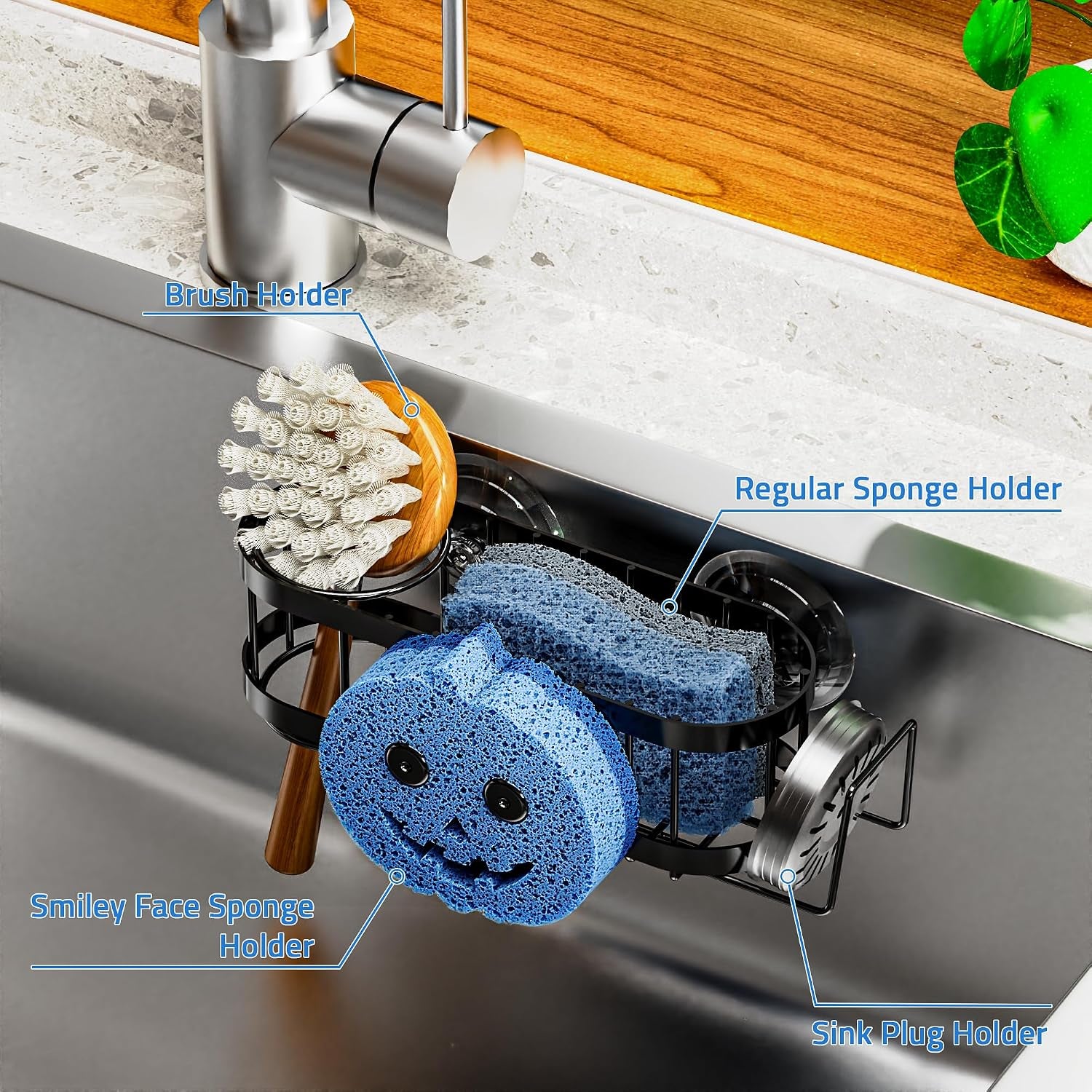 sponge-holder-smiley-face-sink-caddy-for-kitchen-sink-kitchen-organizer-sponge-holder-with-2-pcs-suction-cups-and-adhesive-strips-designed-for-sponge-soap-dish-brush-scrubber-black
