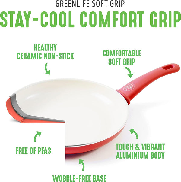 16 Piece Nonstick Cookware Set, Soft Grip Non-Toxic Pfas-Free Ceramic Pots & Pans, Dishwasher & Oven Safe, Frying, Sauce, Saute, Utensils, Glass Lids, Stay-Cool Handles, Wobble Free, Red4