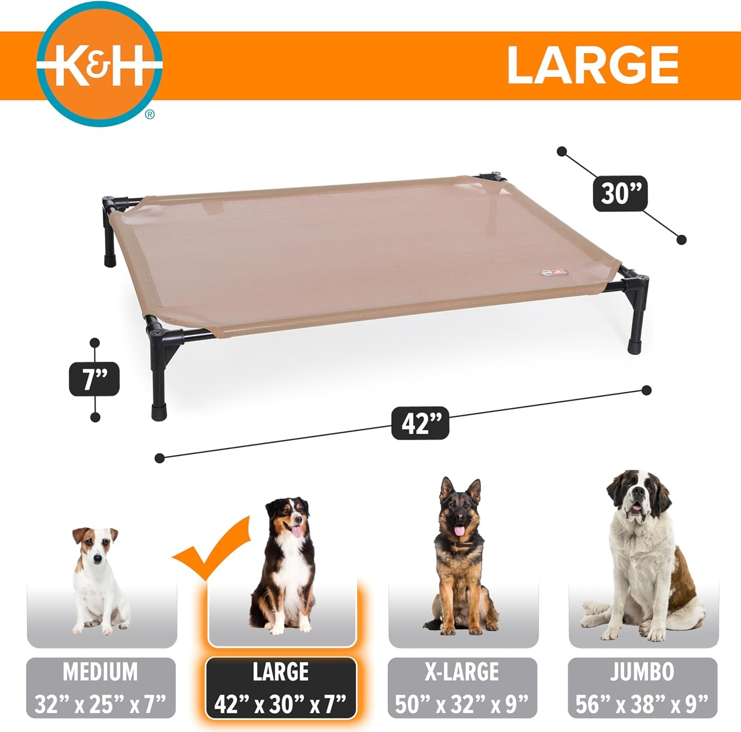 k-h-outdoor-elevated-dog-bed-cooling-raised-dog-bed-for-medium-large-pets-breathable-mesh-hammock-design-indoor-outdoor-washable-cover-portable-metal-frame-tan-large-42x30in