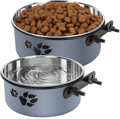 Kathson 2 Pcs Dog Kennel Crate Feeder, Stainless Steel No Spill, Hanging Metal Pet Food Bowl for Cats Small Medium Dogs (Gray)1